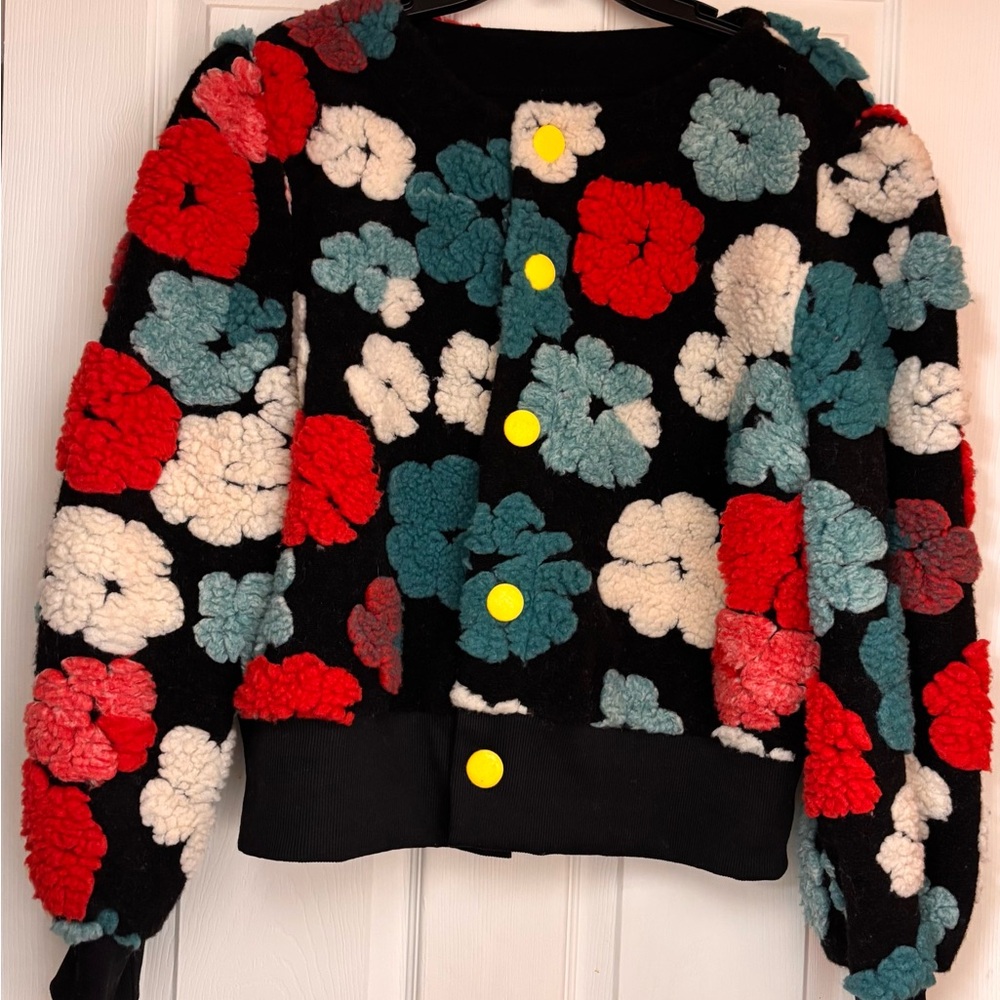 Black 3D Floral Appliqué Cardigan Women’s XXL BOLD Chunky Knit Textured Sweater